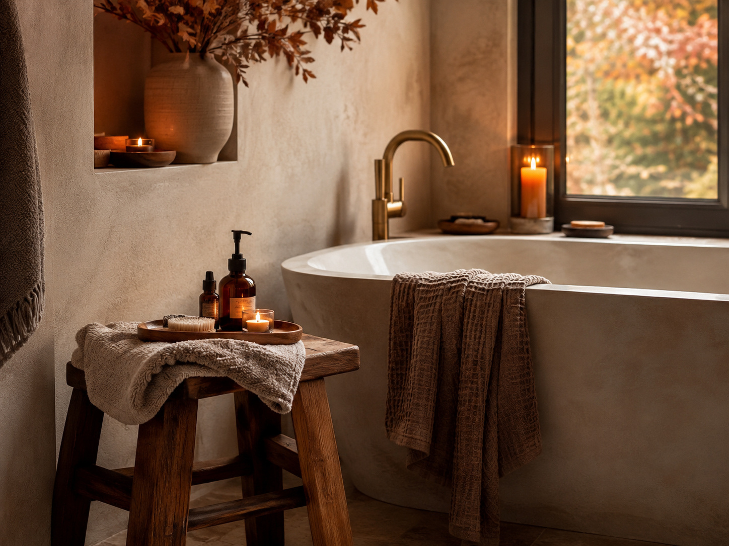 Salle de bain cocooning avec baignoire, serviettes épaisses, bougies et matières naturelles