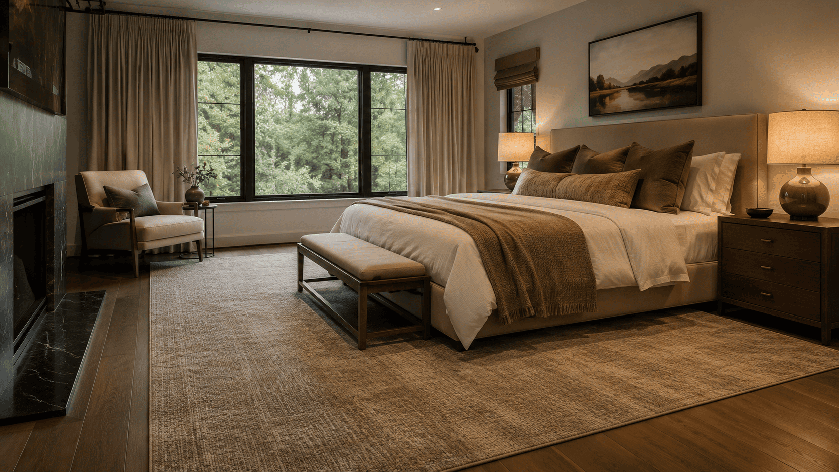 Chambre adulte avec grand tapis bien dimensionné sous le lit, débord confortable et ambiance harmonieuse.