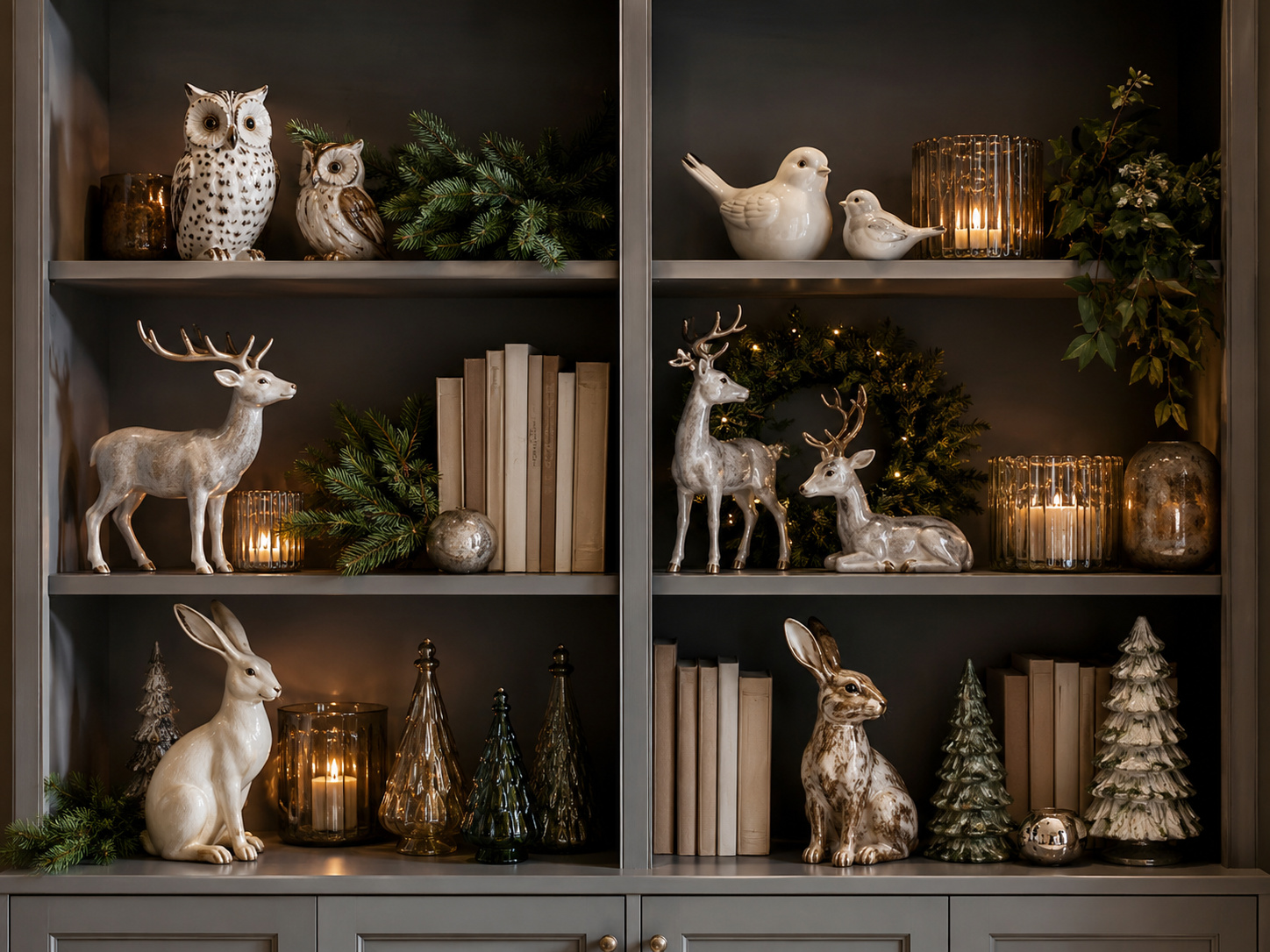 Bibliothèque de Noël avec statuettes de cerfs, hiboux, lapins et oiseaux en céramique, livres et photophores.