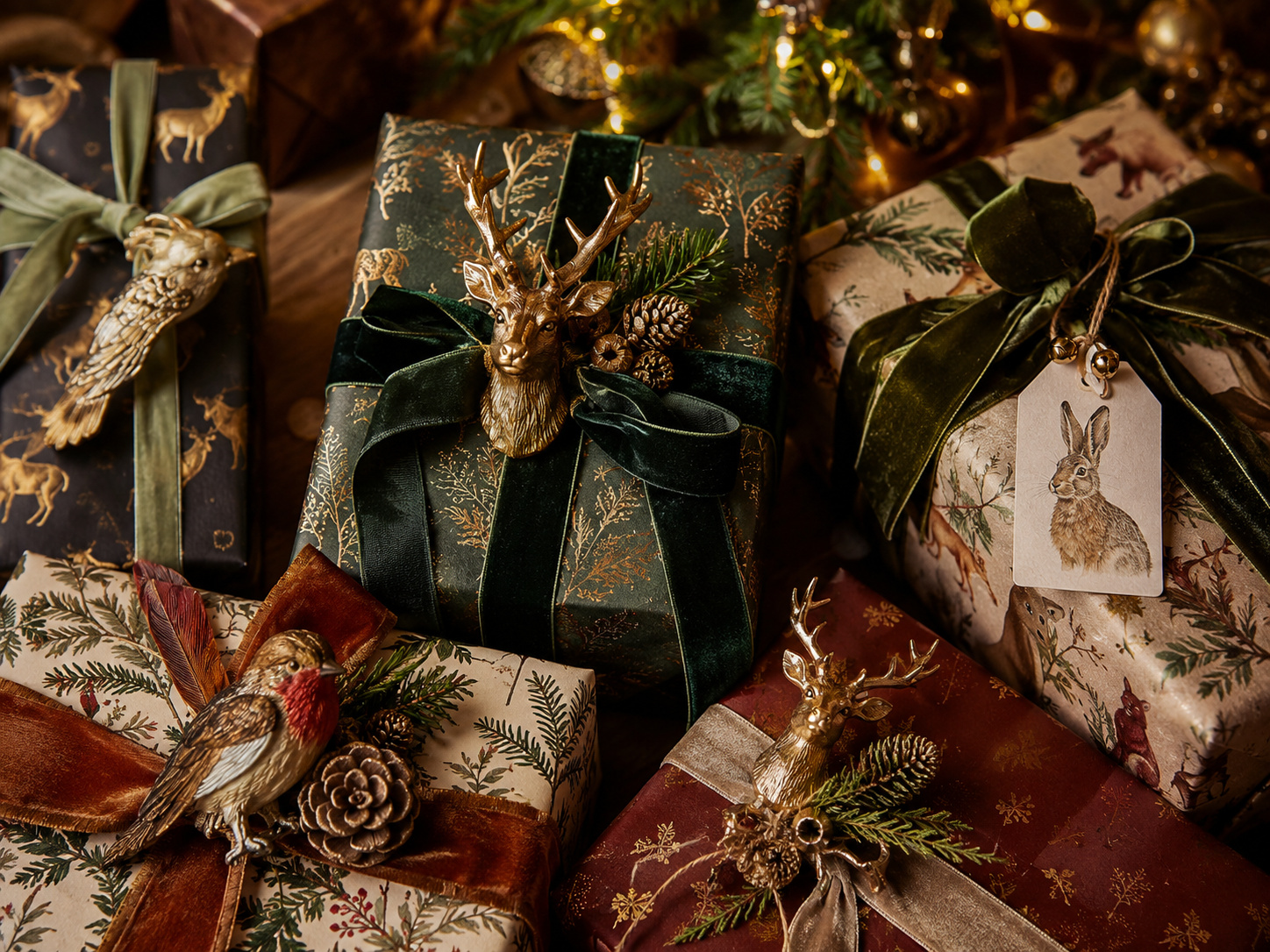Paquets cadeaux de Noël avec motifs animaux, rubans de velours vert et ornements cerf et oiseau dorés.