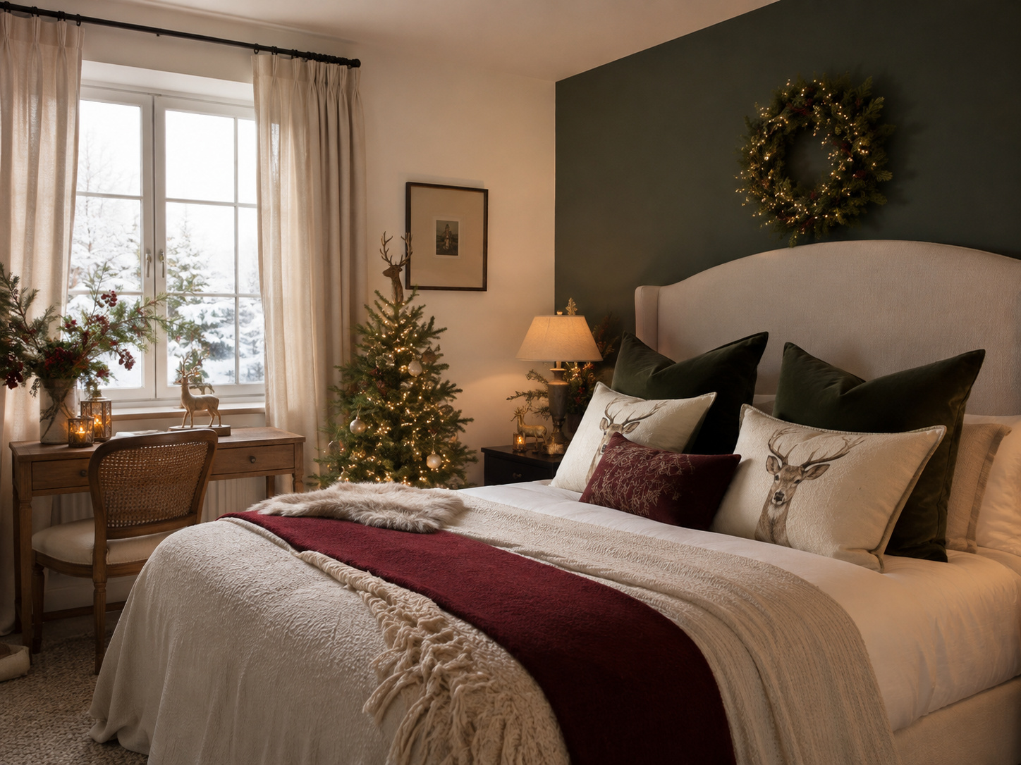 Chambre de Noël avec coussins cerf, velours vert, plaid bordeaux et petit sapin lumineux.