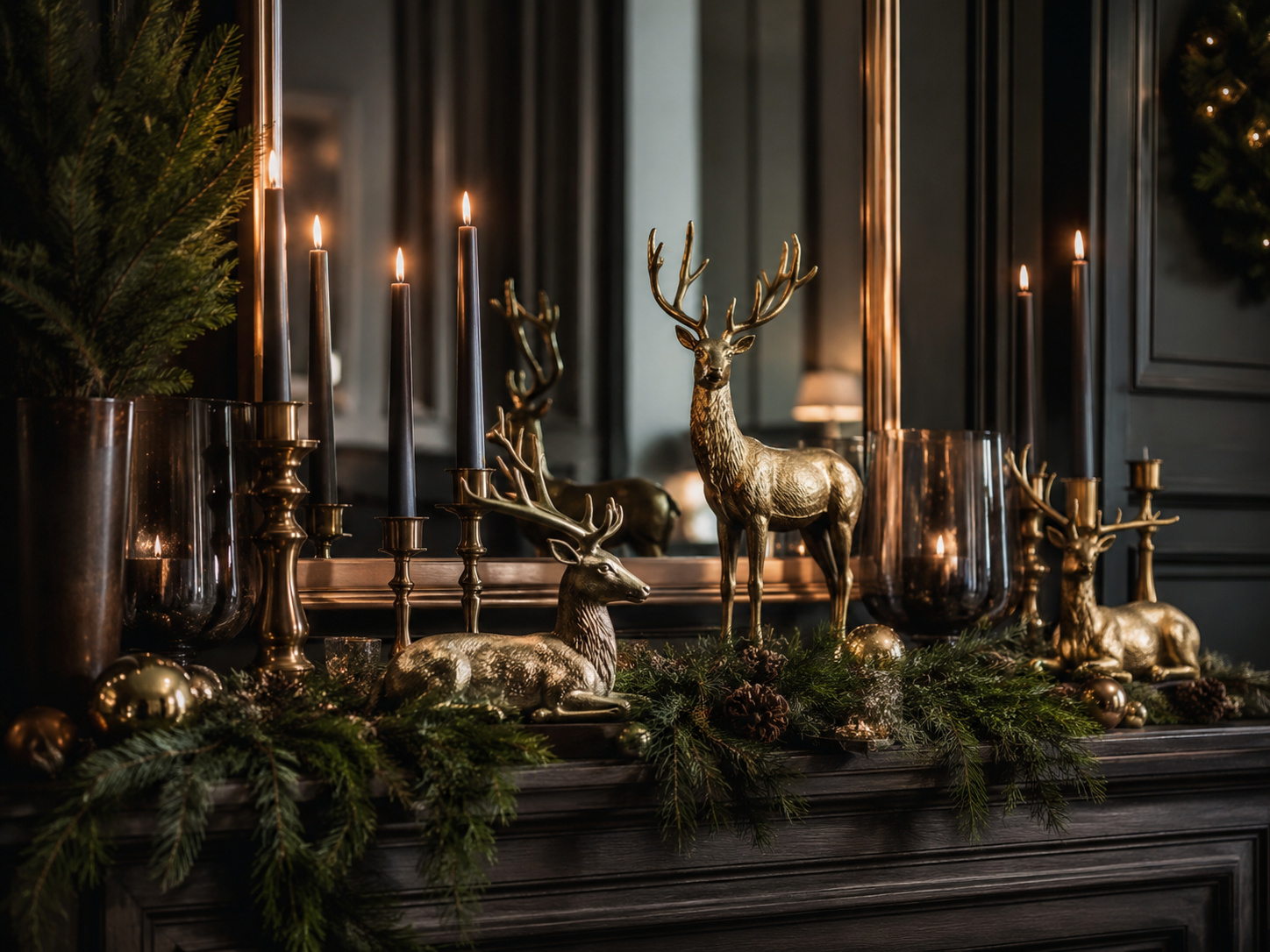 Composition de cheminée avec cerfs dorés, bougies sombres, photophores fumés et branches de sapin.