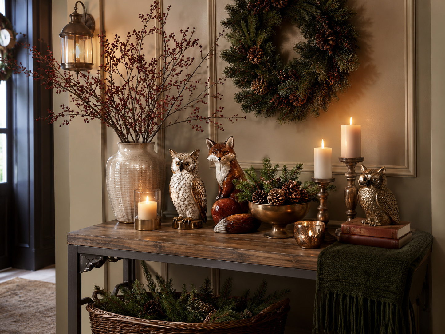 Console d’entrée de Noël avec hiboux, renard, végétaux, bougies et matières naturelles.
