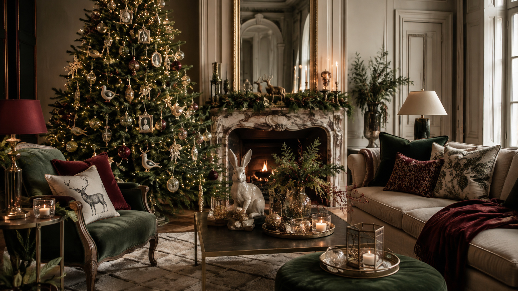 Salon de Noël élégant avec sapin décoré d’animaux, statuettes de forêt, velours profond et lumière chaleureuse.
