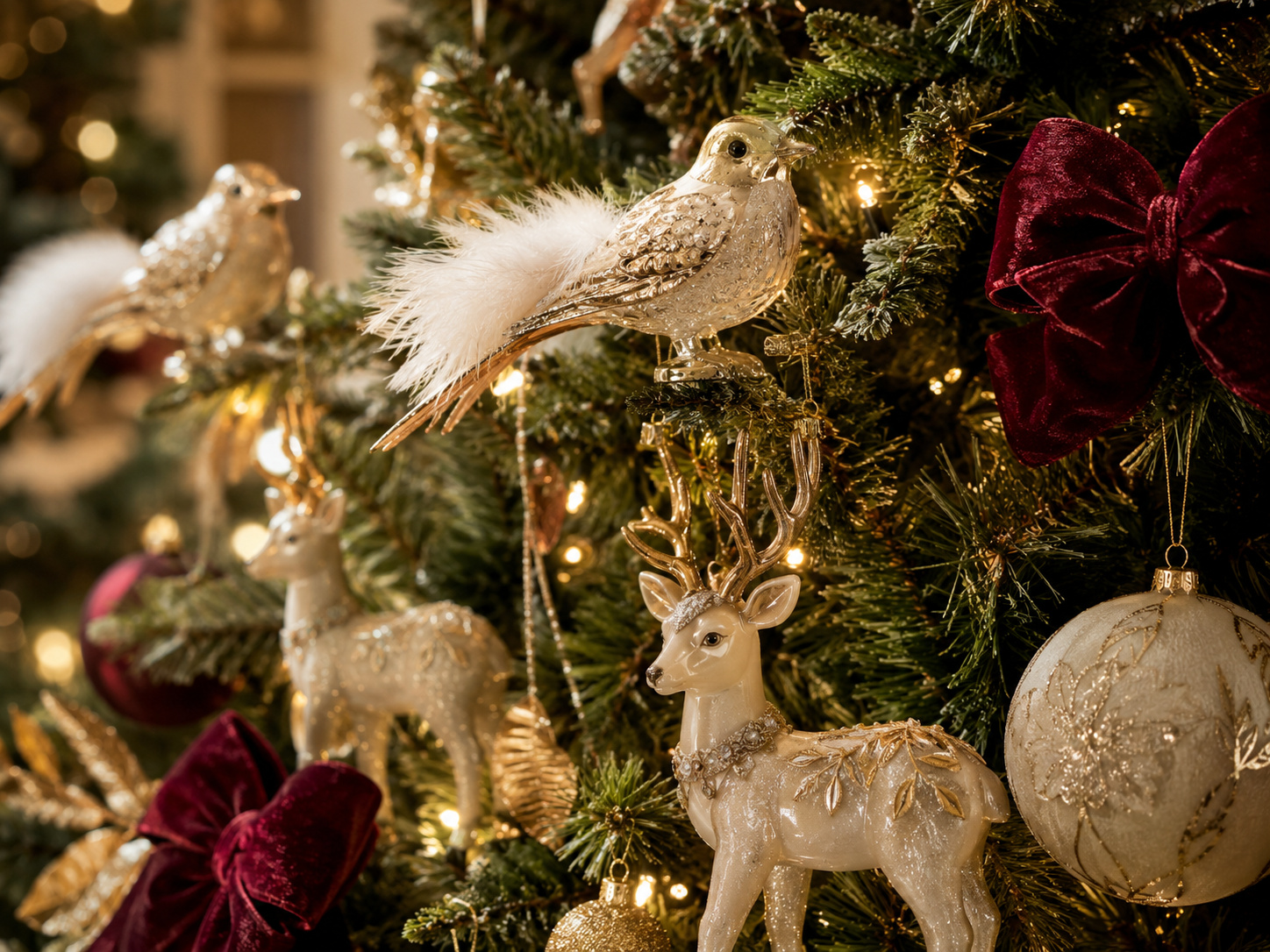 Détail d’un sapin de Noël avec oiseaux et cerfs décoratifs, ornements ivoire, doré patiné et nœuds bordeaux.