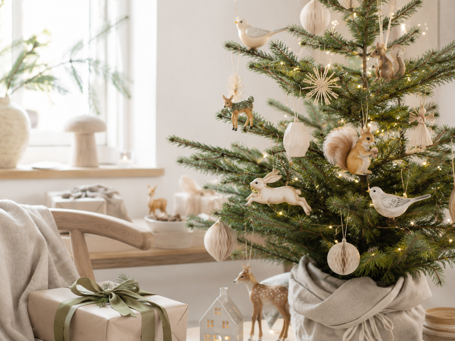 Sapin scandinave lumineux décoré de lapins, écureuils, oiseaux et cerfs dans des tons naturels et ivoire.