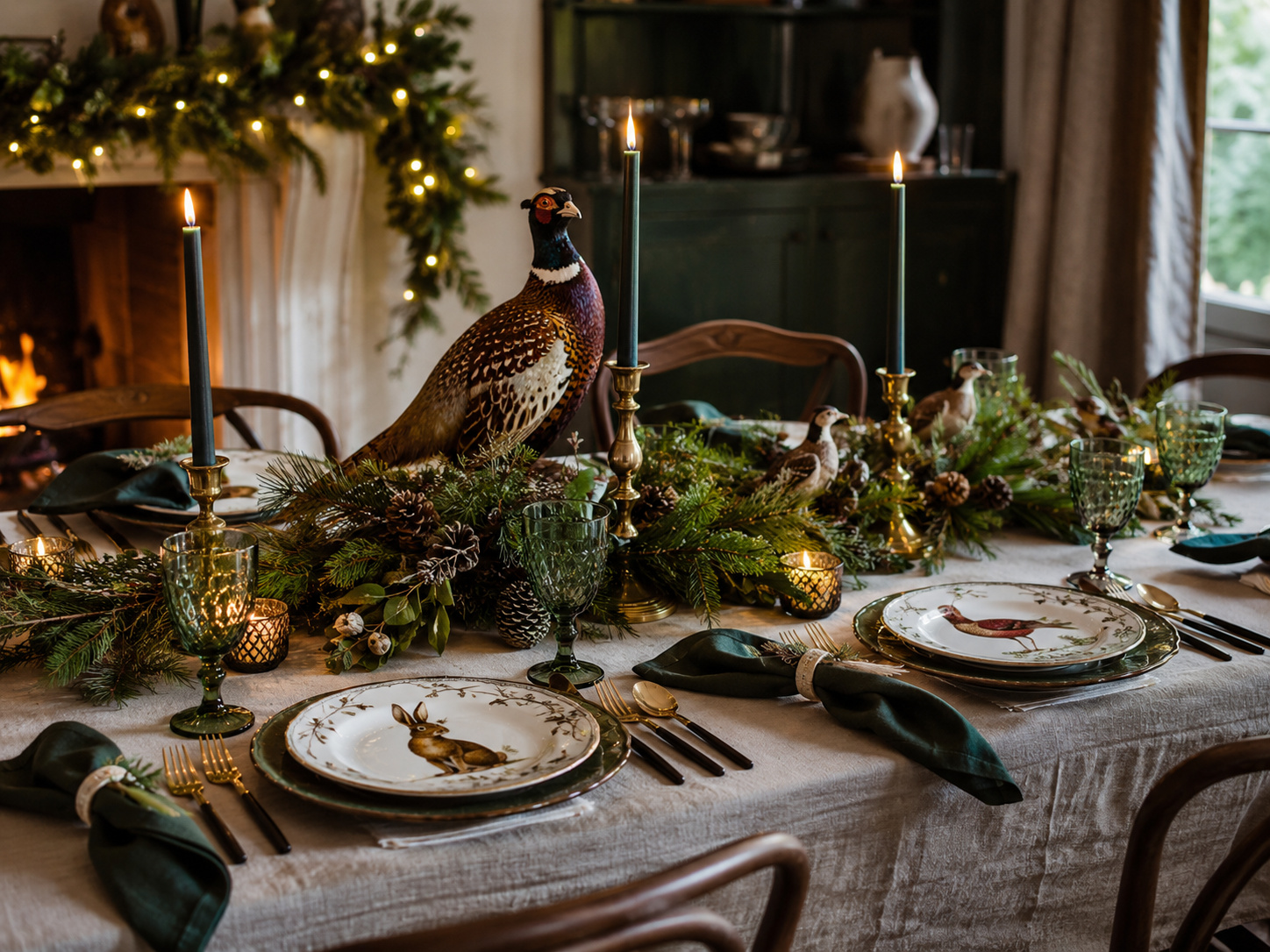 Table de Noël inspirée de la forêt avec faisan décoratif, vaisselle animale, bougies vertes et branches naturelles.
