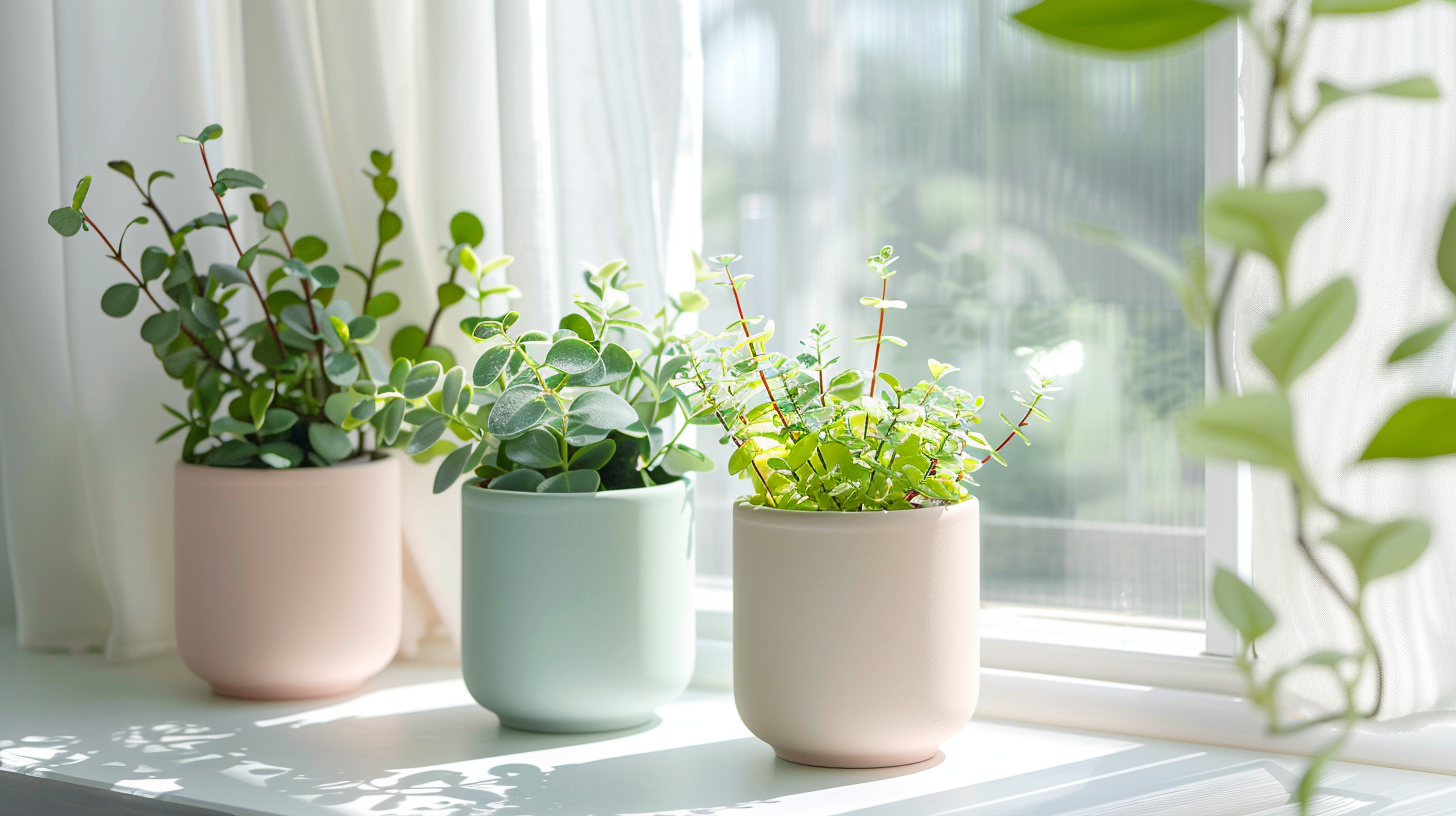 Association de cache-pots pastel avec plantes vertes près d’une fenêtre lumineuse dans un intérieur doux et naturel au printemps