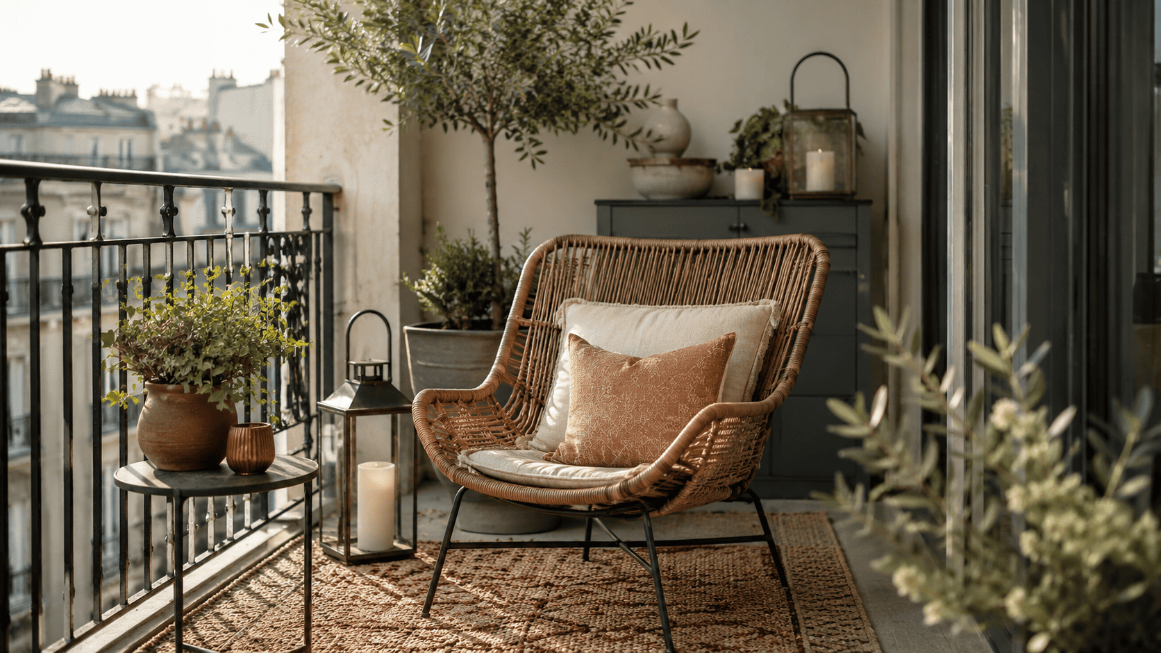 Balcon bohème contemporain avec rotin outdoor, tapis texturé, plantes, coussins et lanternes.