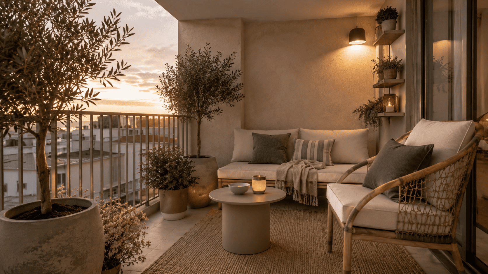 Petit balcon minimaliste chic avec mobilier léger, plantes sculpturales, tapis neutre et lumière douce.