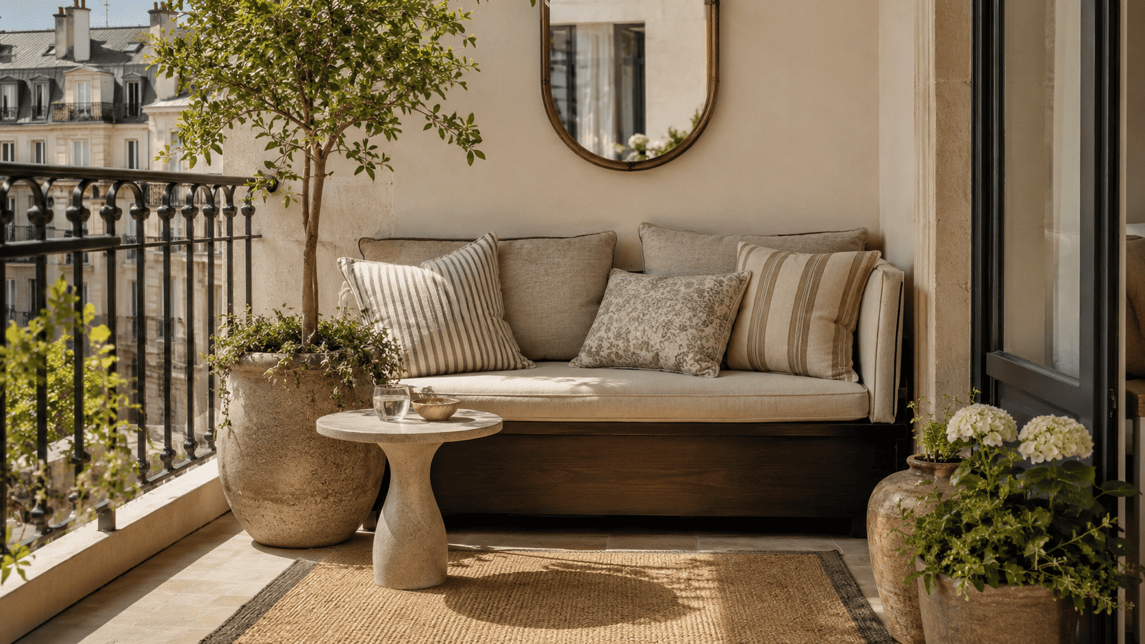 Petit balcon 2026 avec banquette compacte, coussins texturés, table d’appoint et cache-pots.