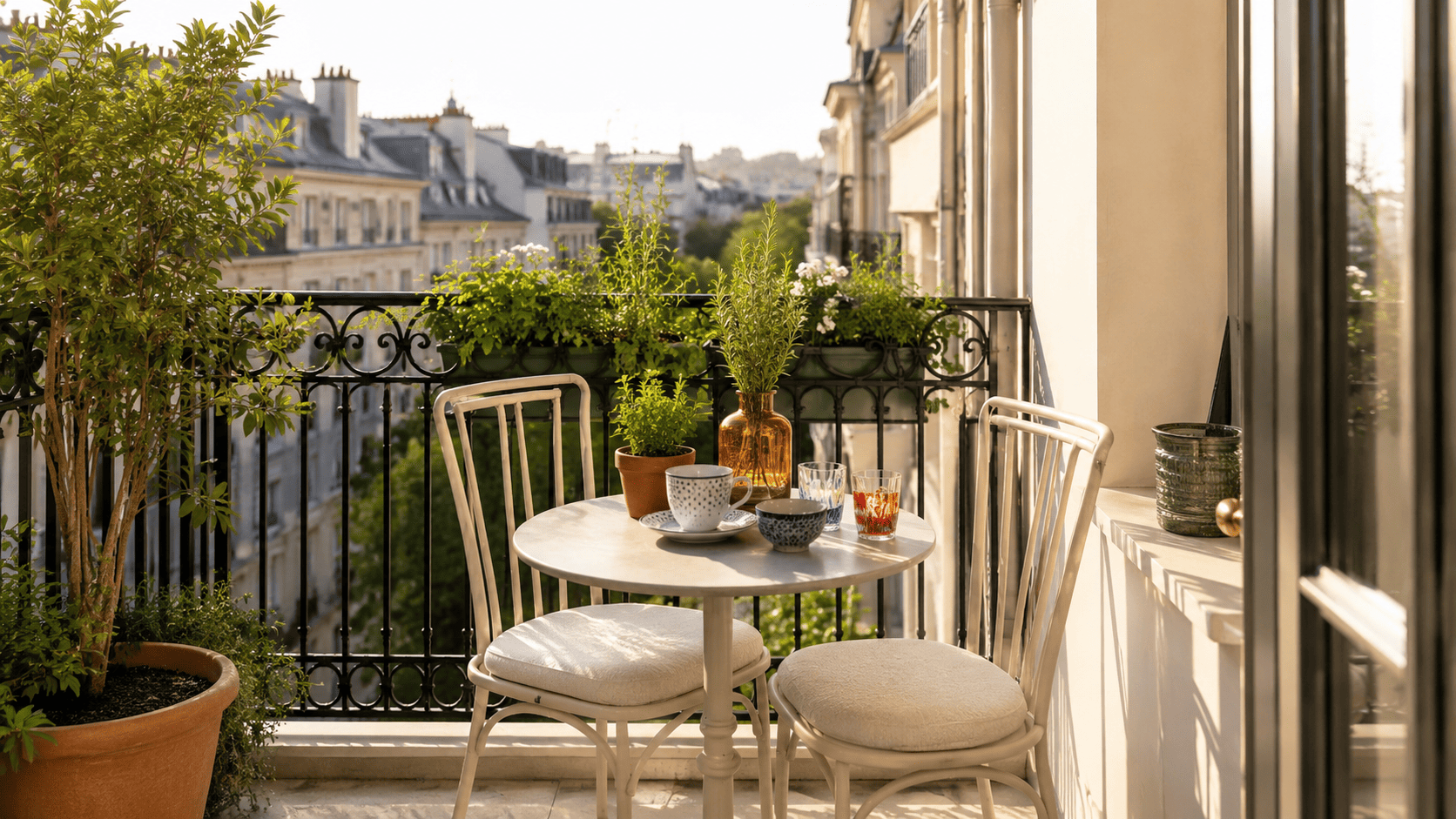 Balcon urbain avec petite table ronde, deux assises légères, vaisselle colorée et plantes aromatiques.