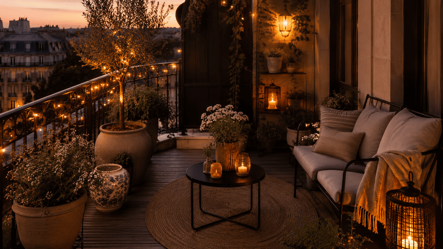 Balcon du soir avec lanternes, lampe nomade, guirlande sobre et lumière chaude.