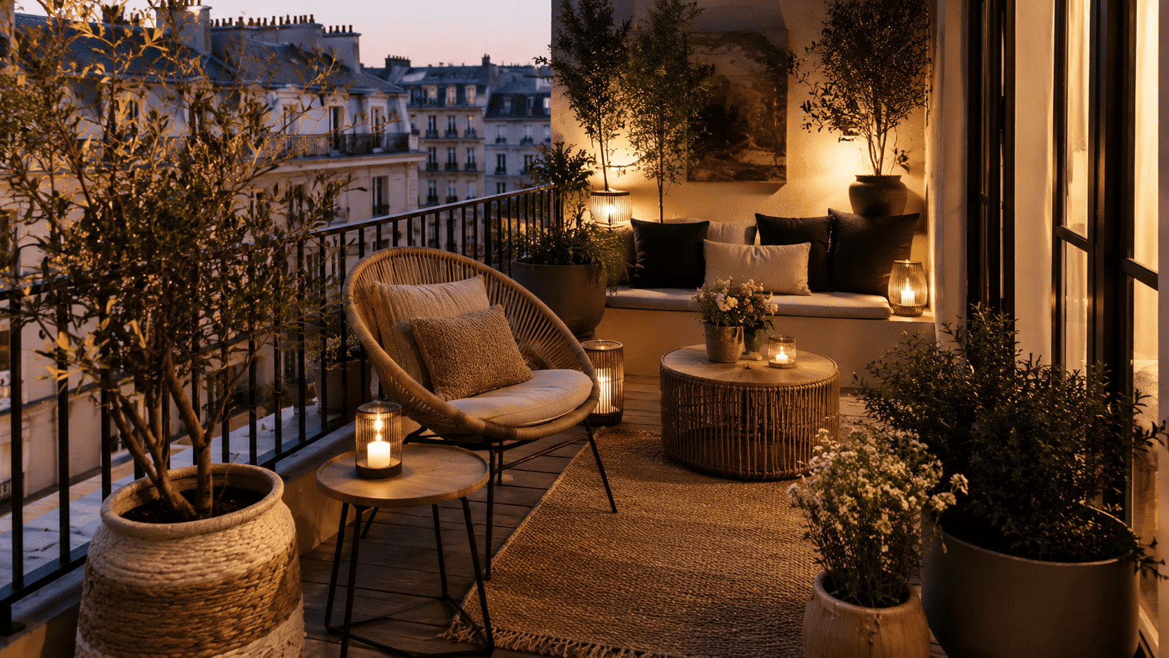 Petit balcon 2026 chaleureux et singulier avec assise confortable, plantes, tapis, lumière et objets déco.