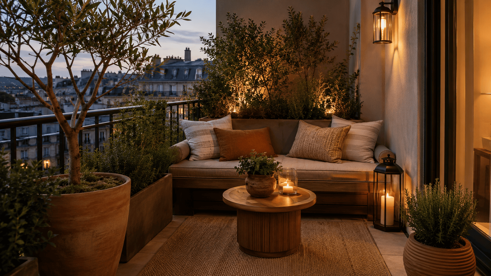 Balcon 2026 aménagé comme un petit extérieur de caractère avec banquette compacte, tapis, cache-pots et lumière douce.