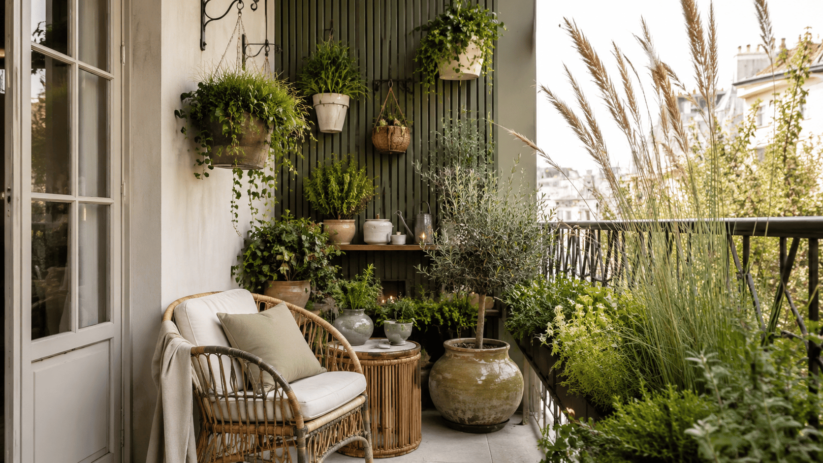Balcon végétalisé avec plantes verticales, cache-pots suspendus, graminées et céramiques texturées.