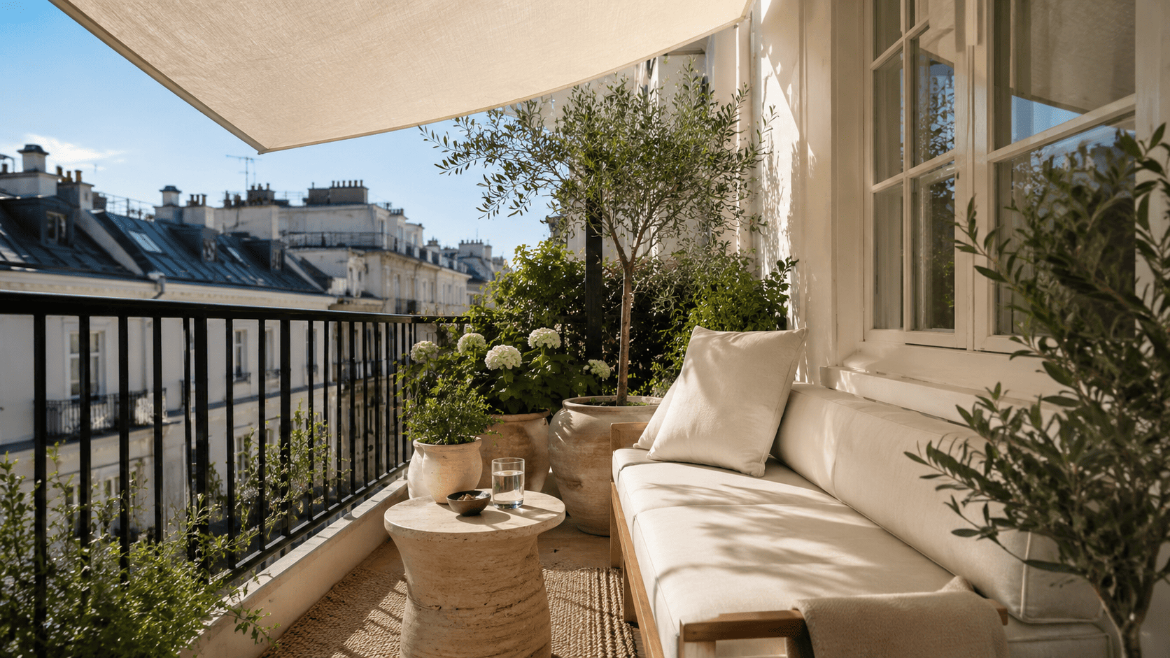 Petit balcon contemporain avec parasol demi-lune, voile d’ombrage, assise compacte et cache-pots.