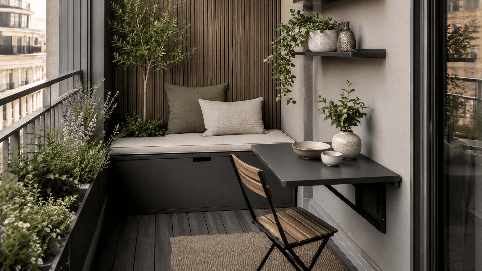 Balcon compact avec banc coffre, table rabattable, étagère extérieure et décoration bien organisée.