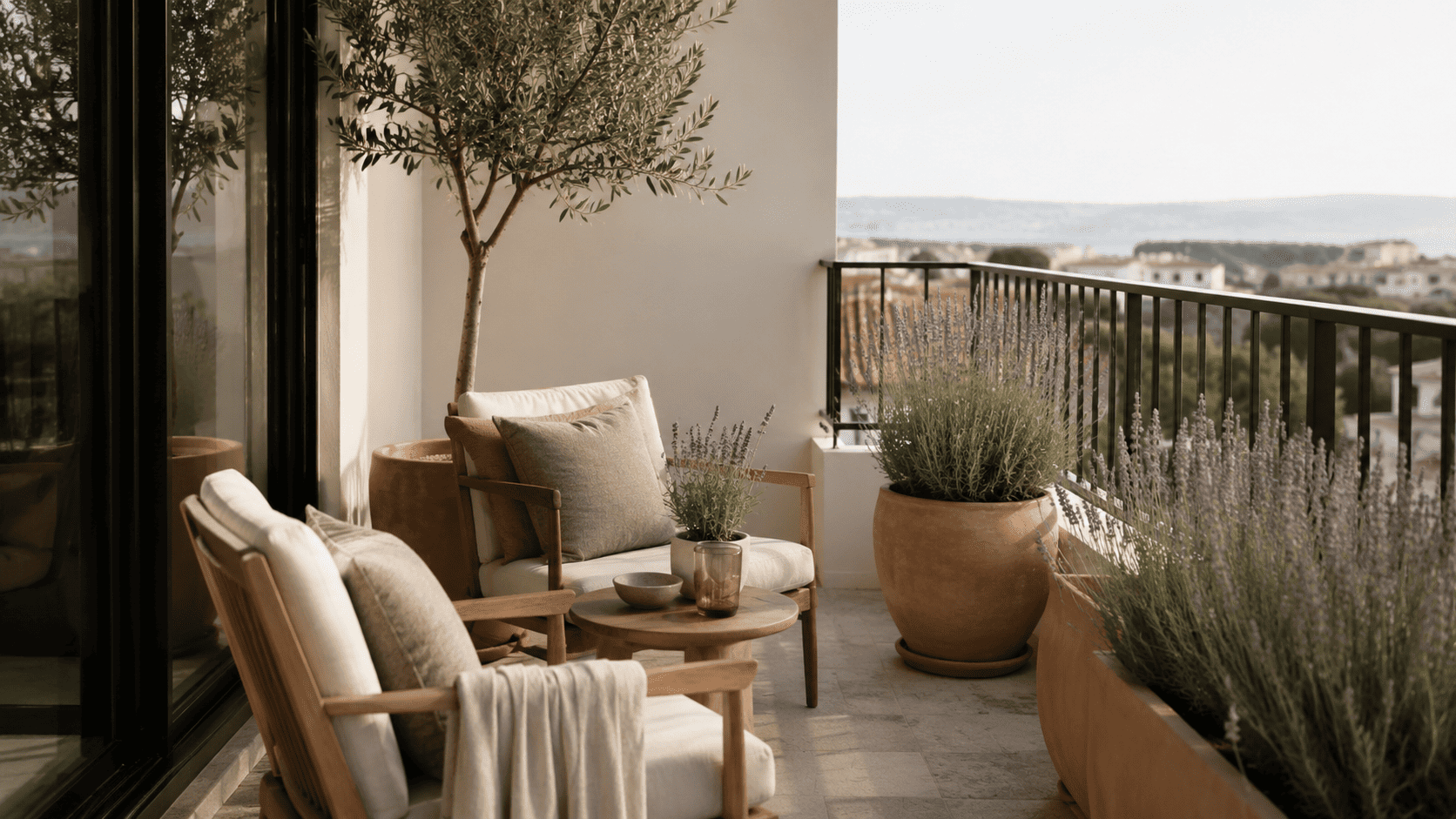 Balcon méditerranéen moderne avec pots terre cuite, olivier, lavande, bois clair et textiles naturels.