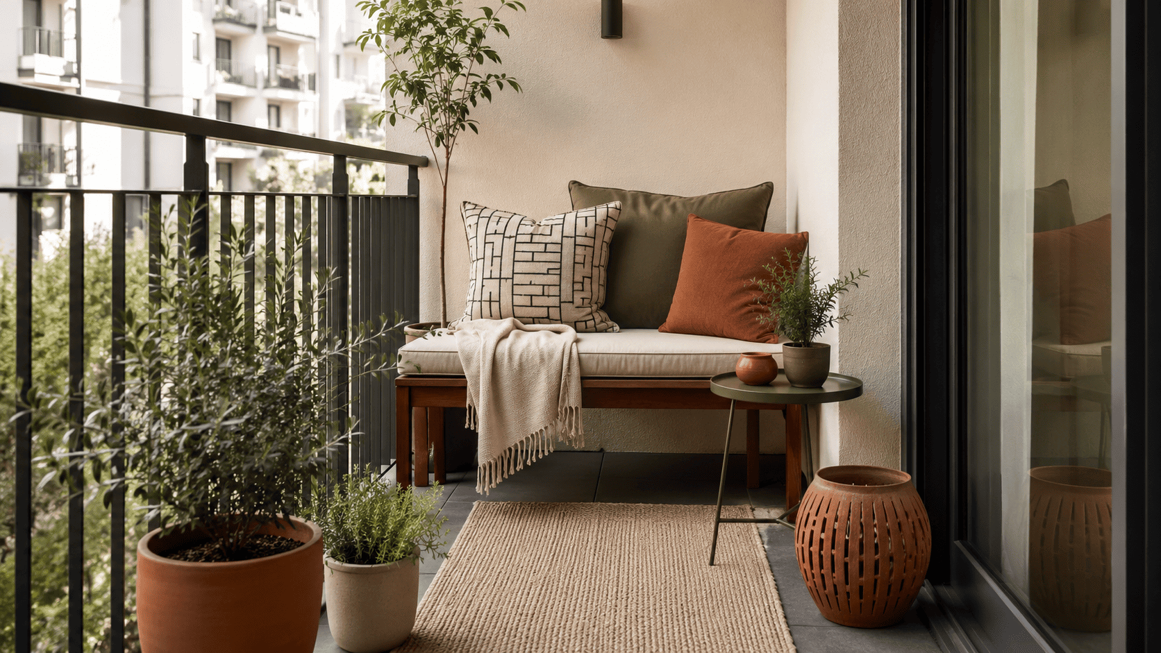 Déco balcon avec tapis extérieur, coussins graphiques, plaid léger et palette beige terracotta olive.