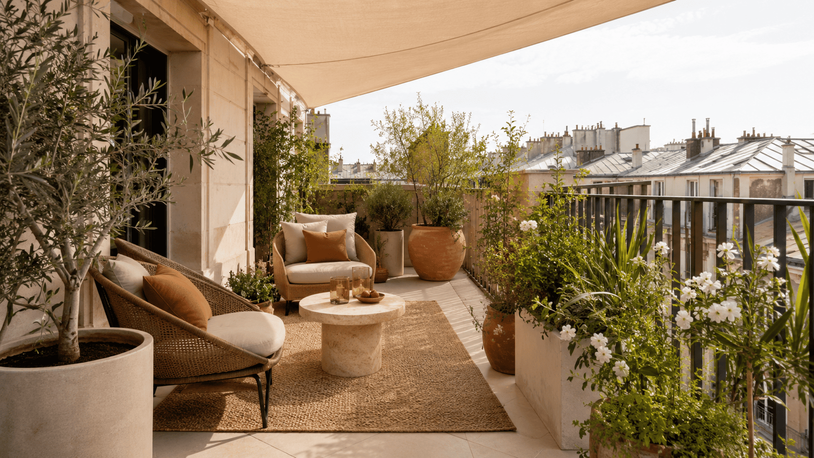 Balcon plein soleil 2026 avec voile d’ombrage, plantes résistantes, cache-pots clairs, tapis outdoor et assise confortable.