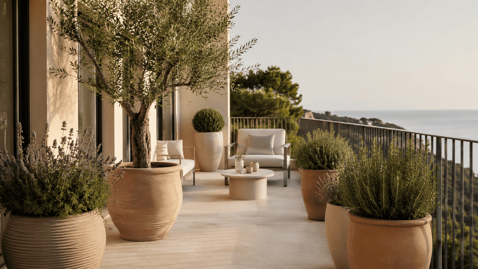 Balcon méditerranéen moderne avec cache-pots en terre cuite, olivier, lavande, romarin et mobilier clair.