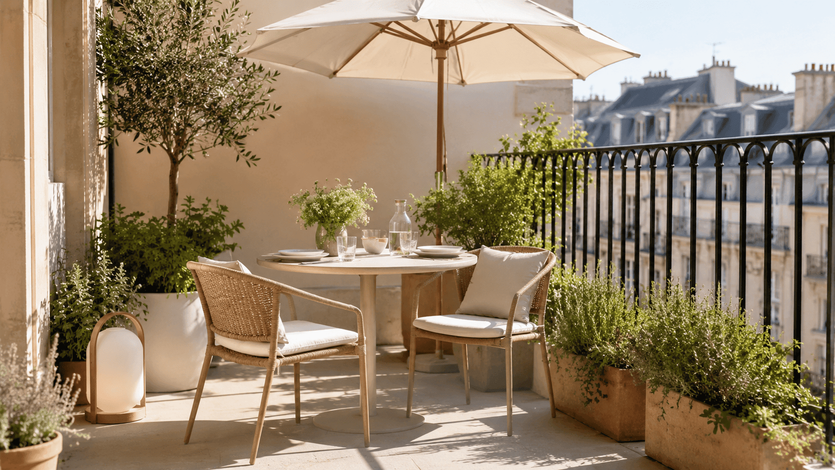 Coin repas sur balcon plein soleil avec petite table ronde, parasol clair, plantes aromatiques et lampe nomade.