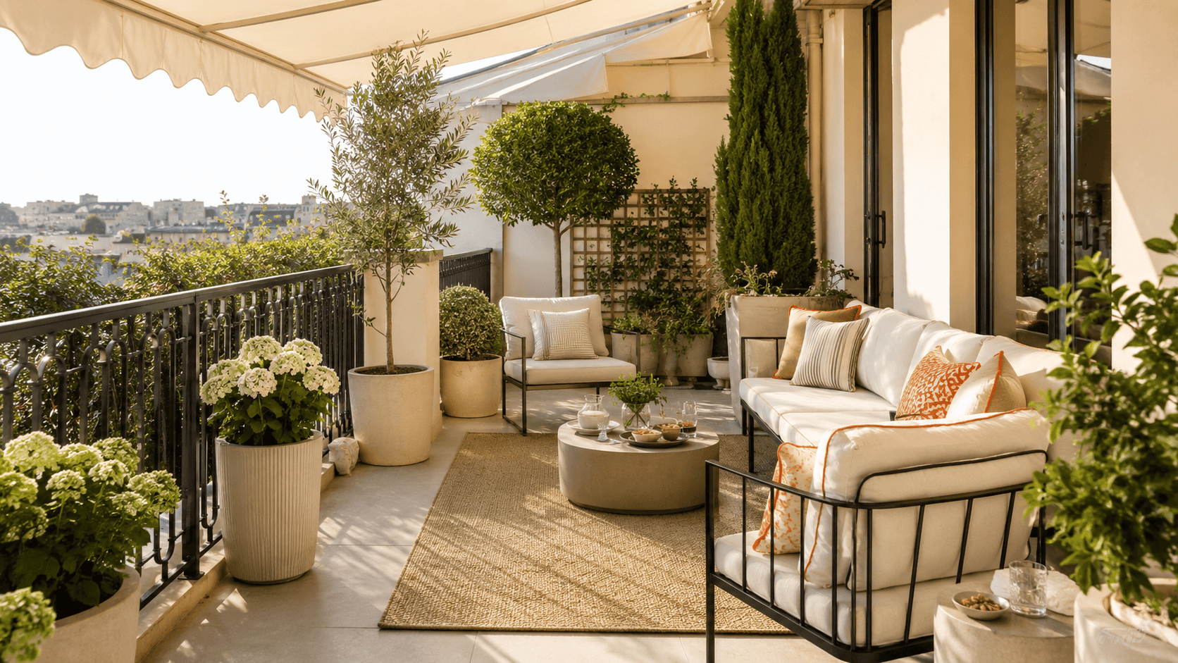 Balcon plein soleil chaleureux et confortable avec ombre légère, plantes résistantes, cache-pots, tapis et assise claire.