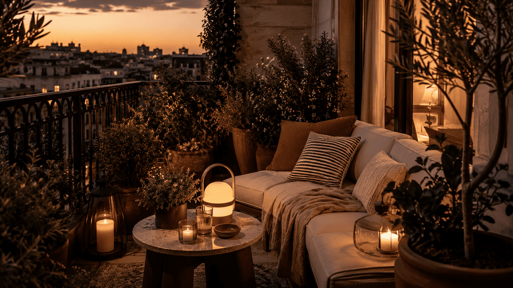 Balcon plein soleil transformé en refuge du soir avec lanternes, lampe nomade, textiles légers et plantes résistantes.