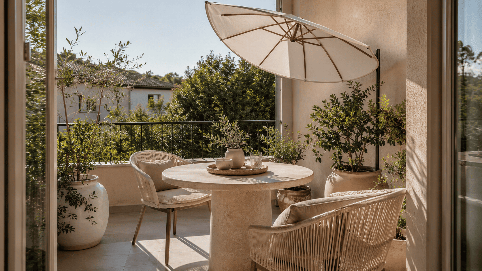 Petit balcon plein soleil avec parasol demi-lune, table ronde, chaises légères, cache-pots et sol clair.