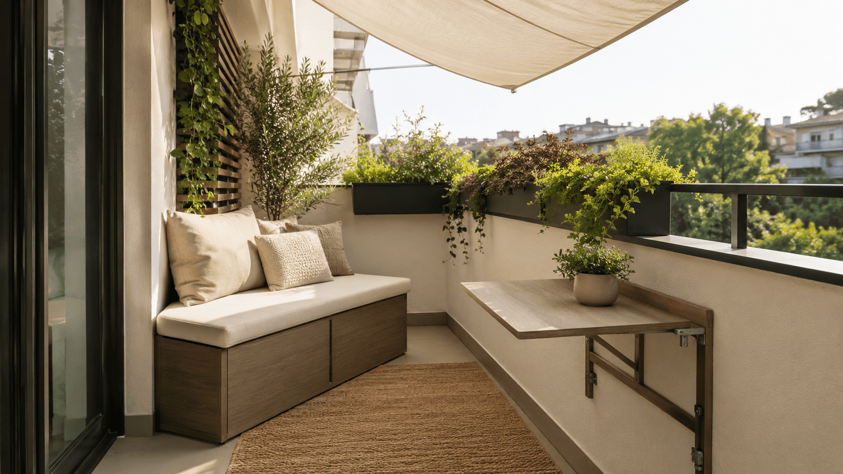 Petit balcon plein soleil optimisé avec banquette coffre, store clair, table rabattable, cache-pots et tapis outdoor.