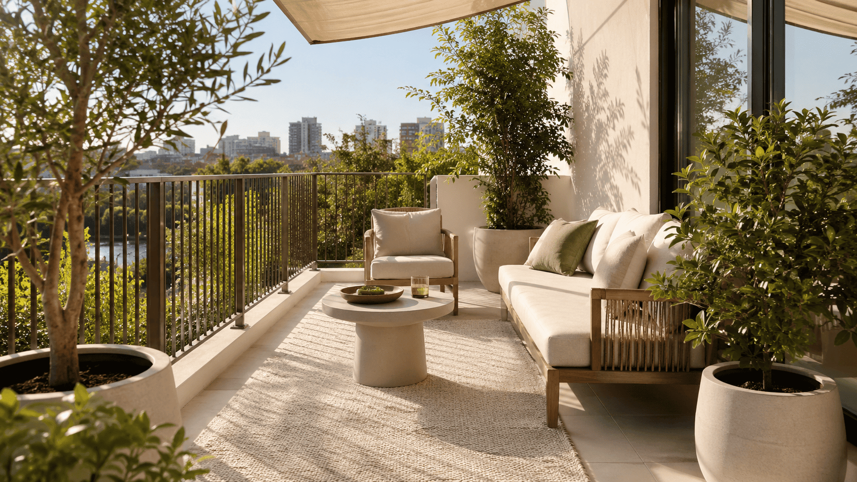Balcon plein soleil avec tapis outdoor clair, dalles claires, mobilier compact et ombre douce.