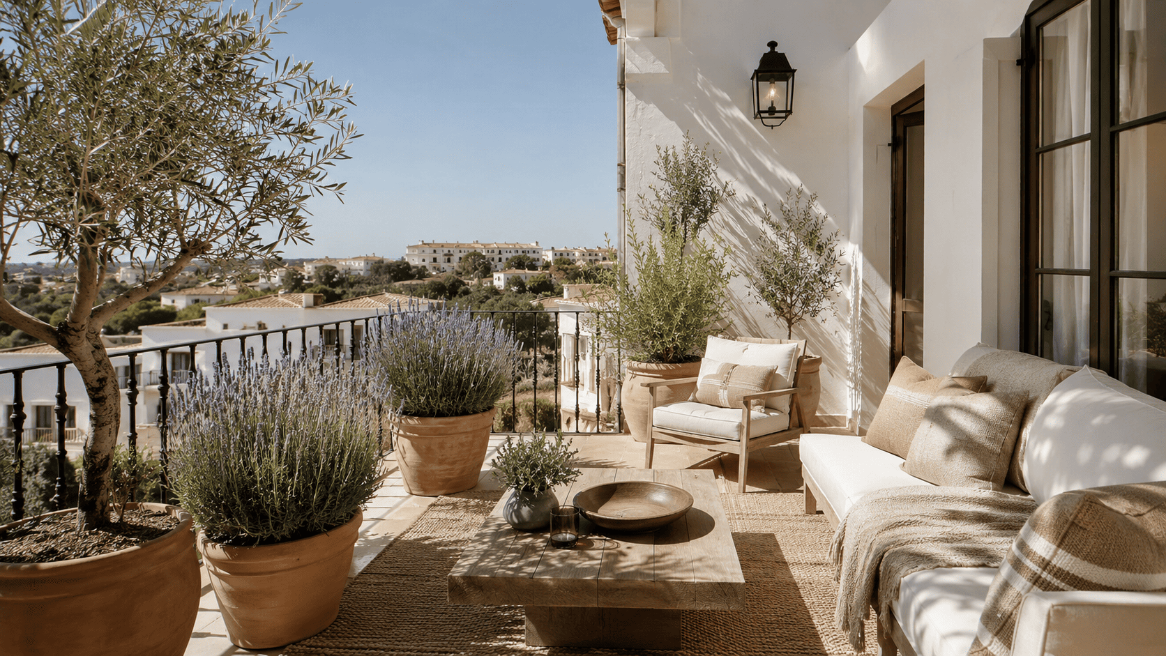 Balcon méditerranéen contemporain plein soleil avec blanc chaud, terre cuite, bois clair, plantes sèches et textiles naturels.
