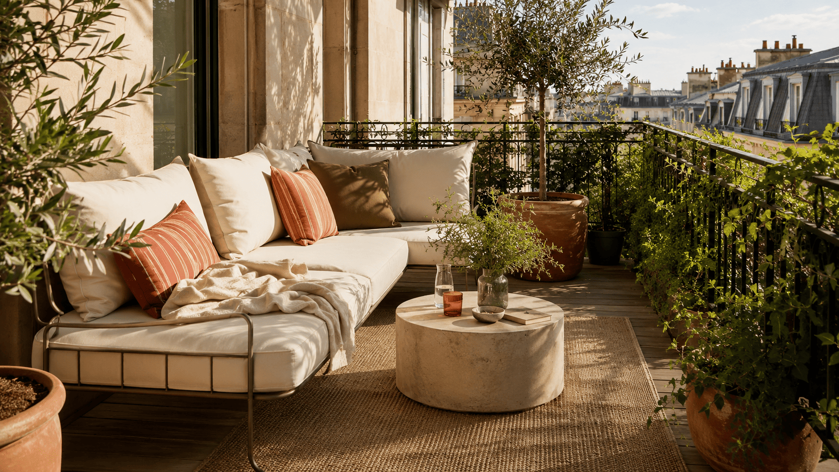 Balcon lumineux avec coussins outdoor clairs, tapis extérieur, plaid léger et palette sable terracotta olive.