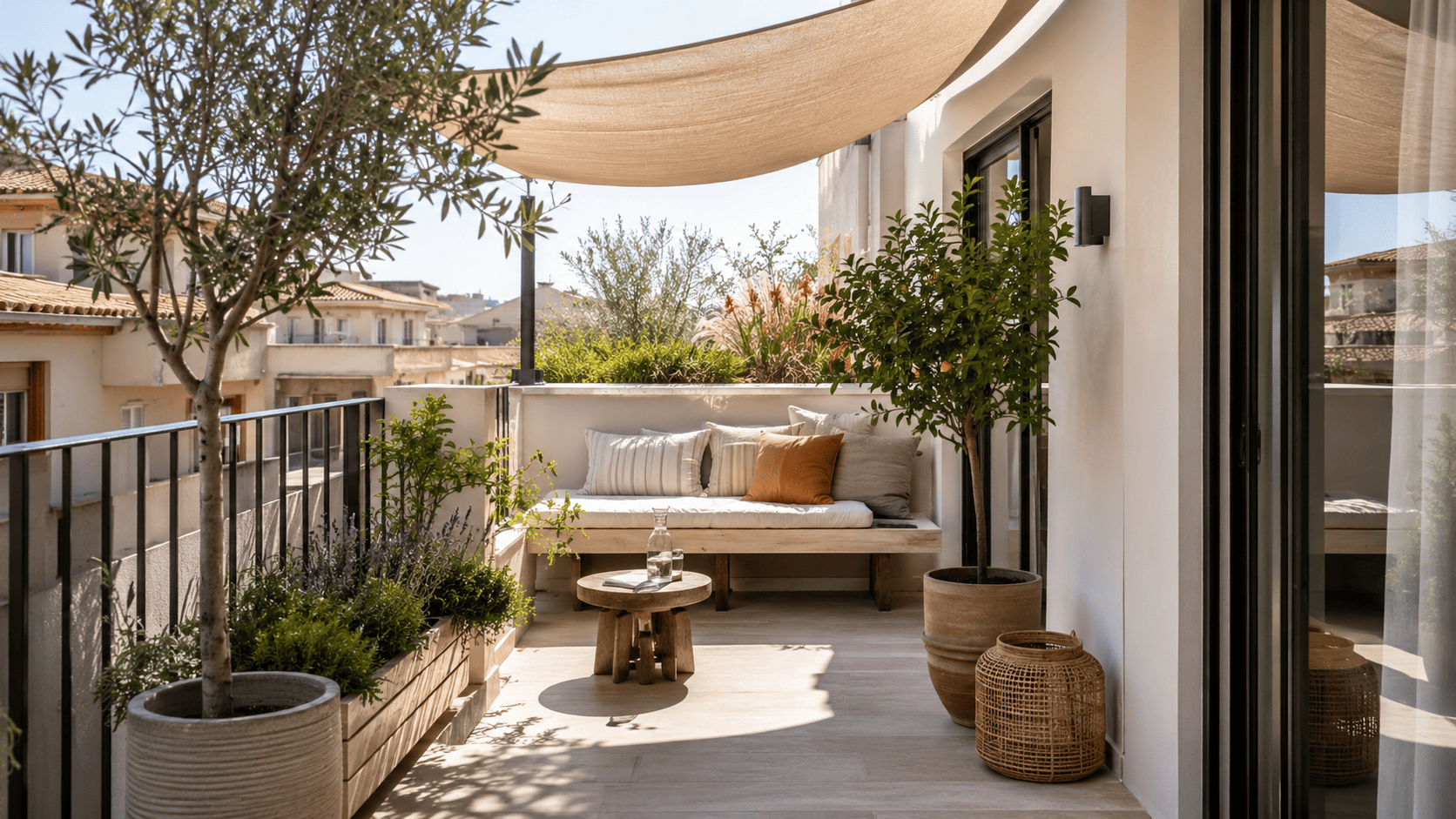 Balcon exposé plein soleil avec voile d’ombrage claire, banquette compacte, textiles outdoor et plantes méditerranéennes.
