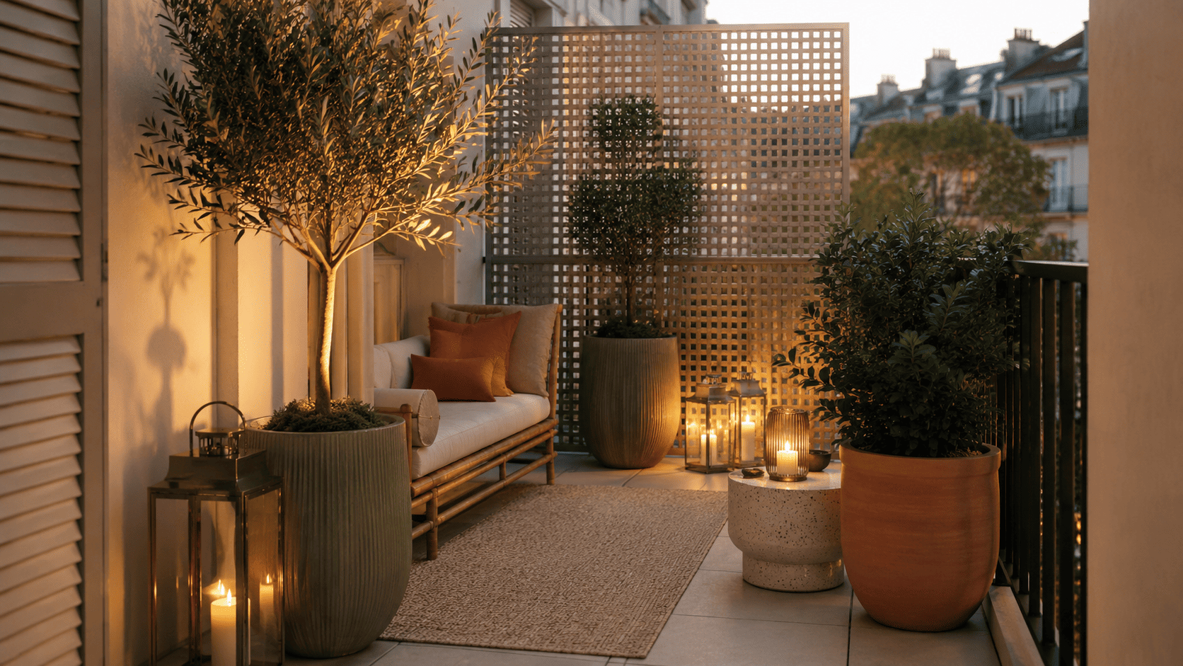 Balcon 2026 sans vis-à-vis avec banquette compacte, plantes hautes, claustra léger, cache-pots et lumière douce.