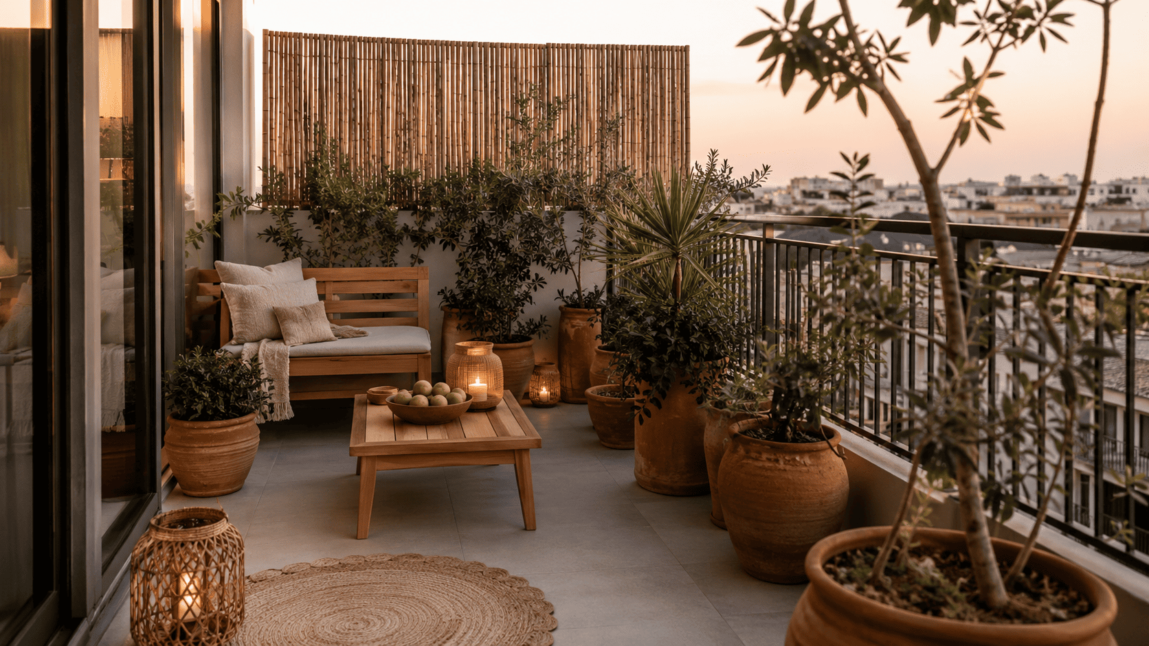 Balcon contemporain avec canisse naturelle sobre, plantes méditerranéennes, mobilier compact et lumière chaude.