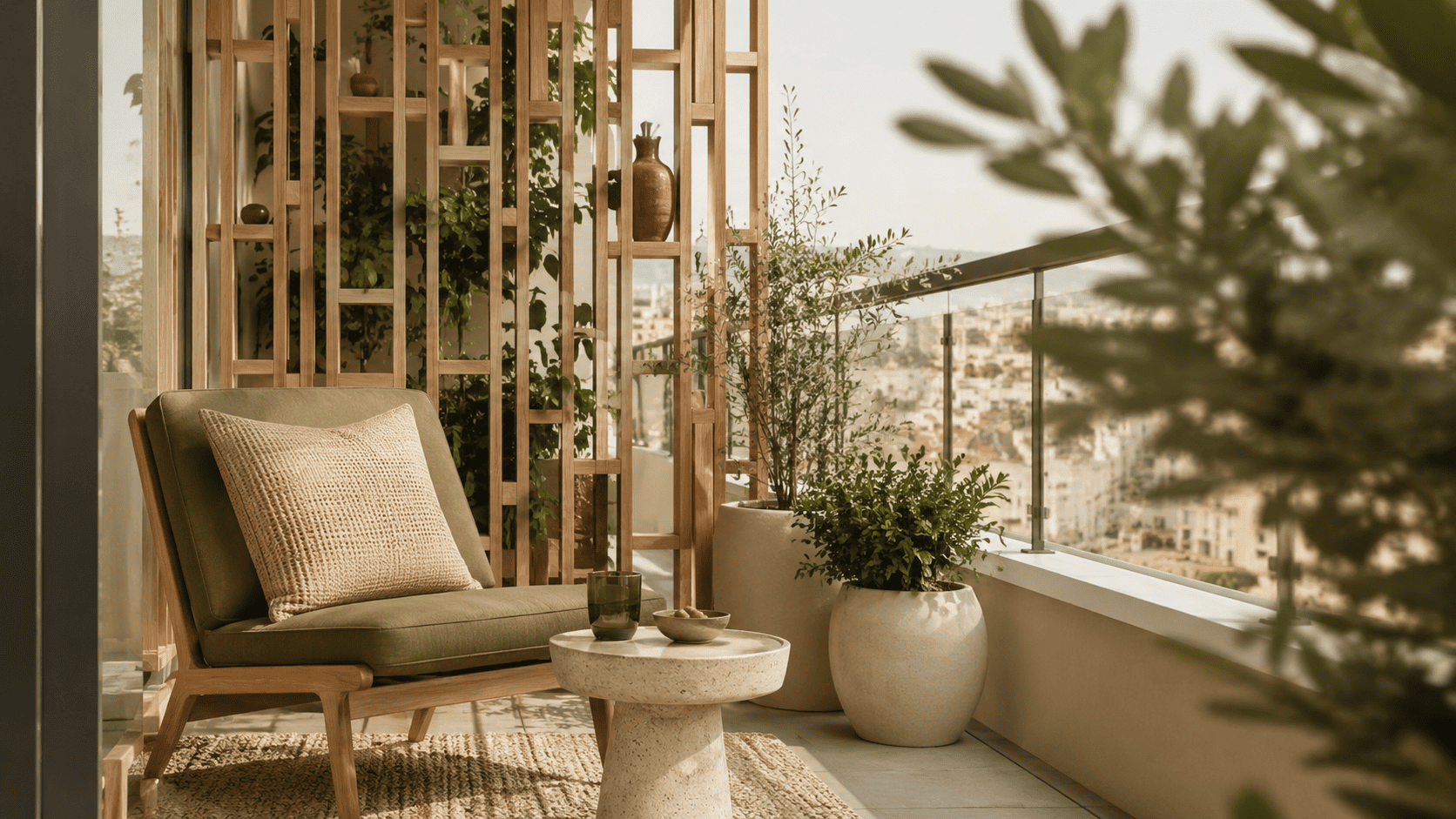 Petit balcon protégé par un claustra ajouré en bois clair avec table d’appoint, coussins et plantes.
