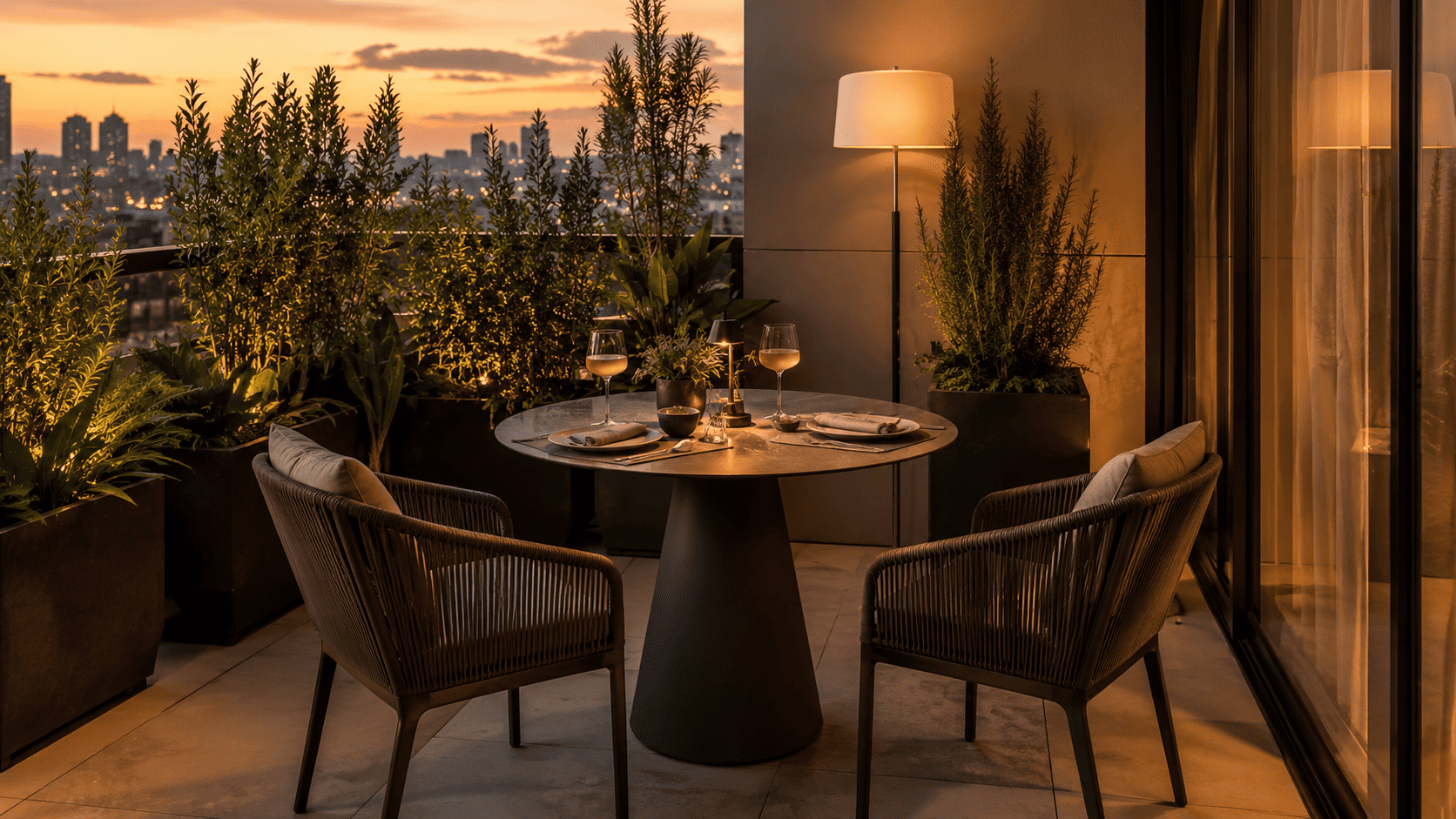 Coin repas sur balcon sans vis-à-vis avec petite table ronde, deux chaises, plantes hautes et lumière douce.