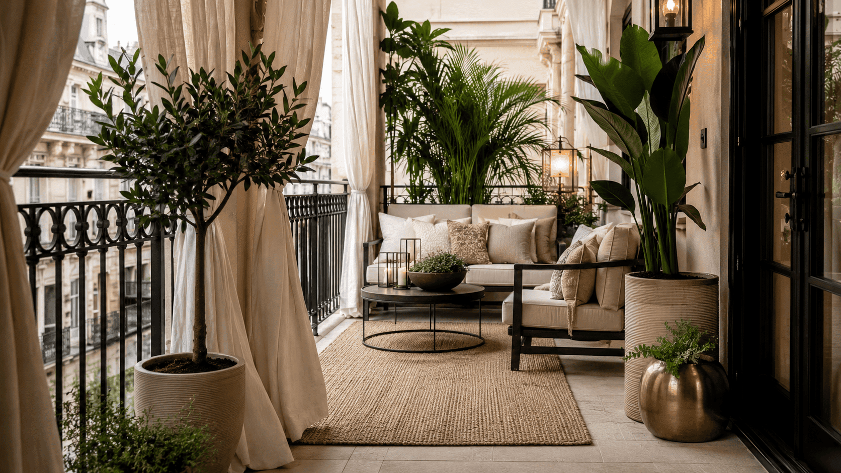 Balcon chaleureux et intime avec plantes hautes, voilage, cache-pots, tapis outdoor et assise confortable.