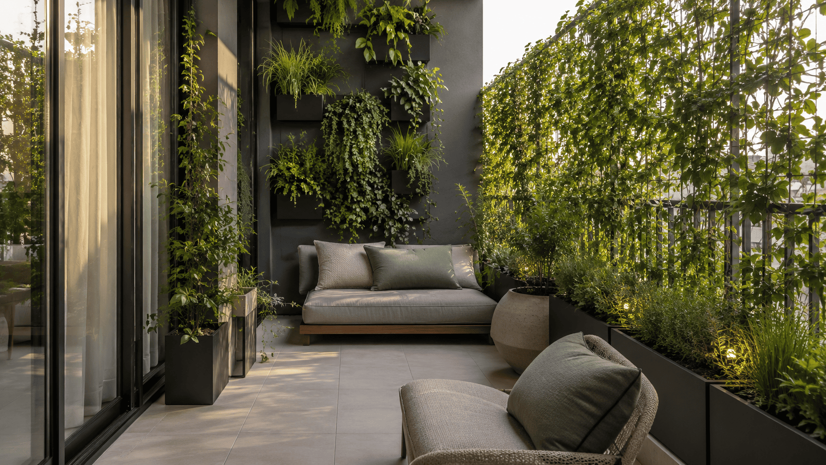Balcon végétalisé avec jardin vertical, plantes suspendues, pots muraux et assise basse.