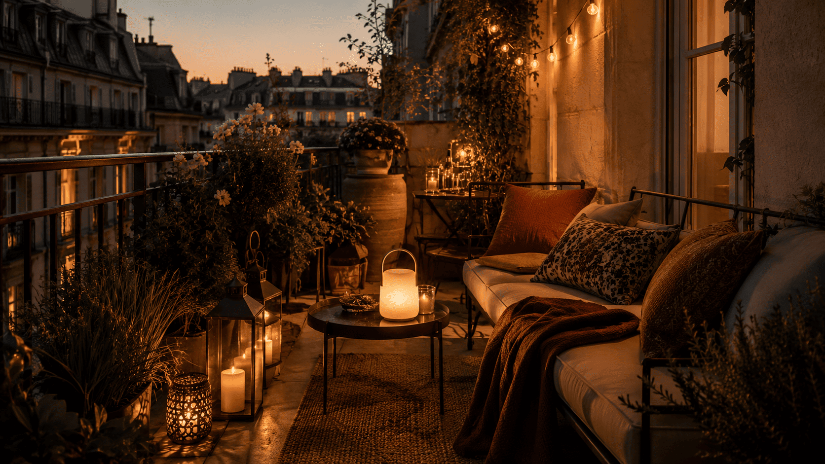 Balcon intime du soir avec lanternes, lampe nomade, guirlande sobre, plantes et textiles outdoor.