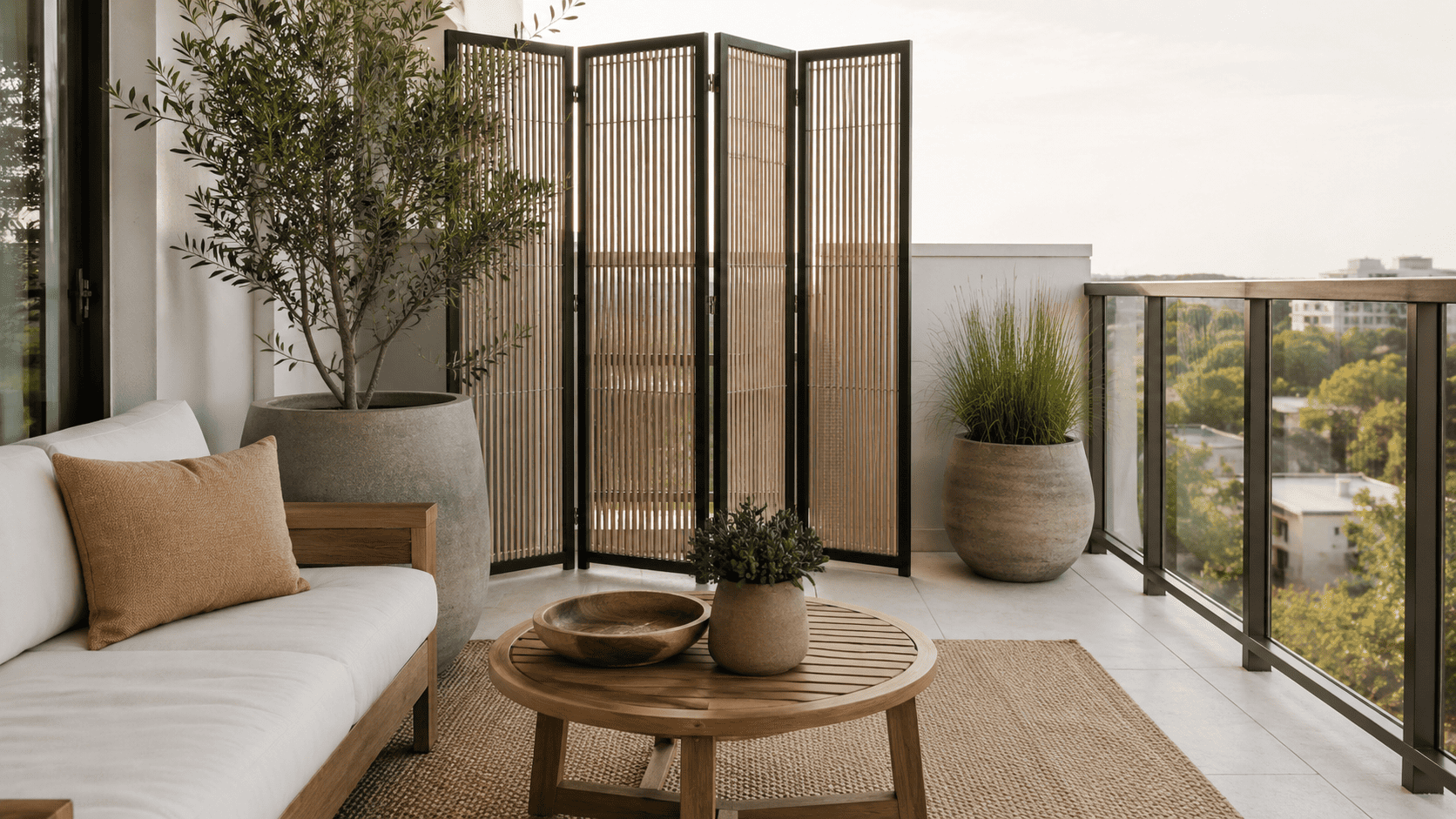 Balcon 2026 avec paravent extérieur design, table basse, tapis outdoor et plantes hautes.
