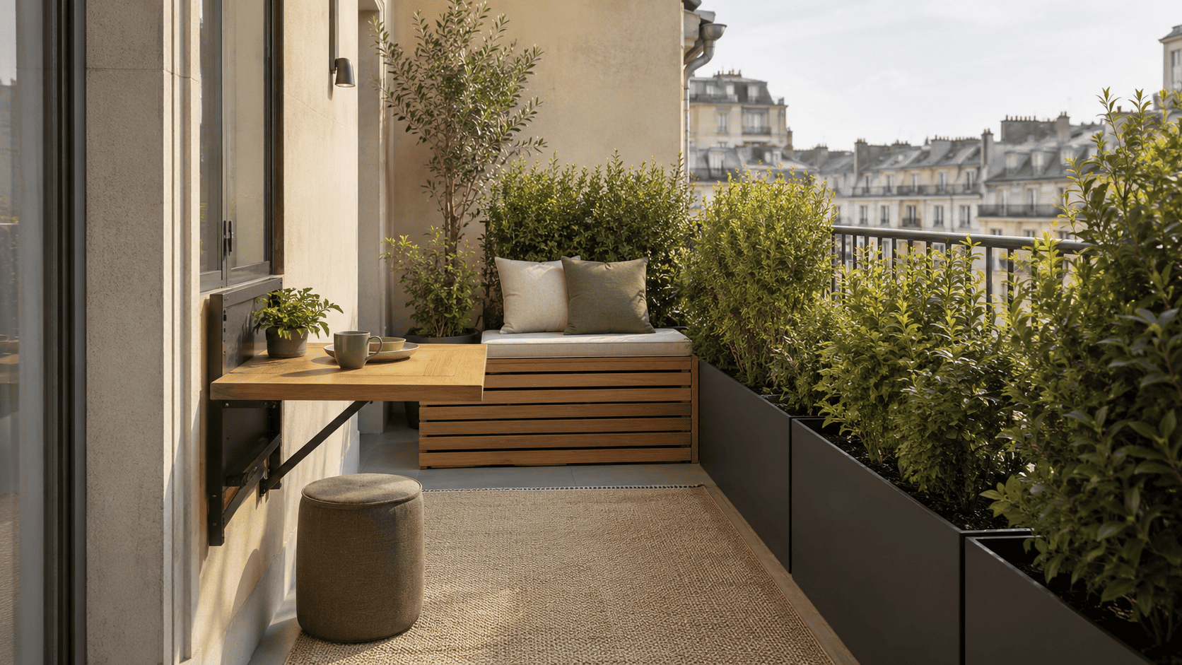Petit balcon sans vis-à-vis optimisé avec banquette coffre, tapis, jardinières hautes et table rabattable.