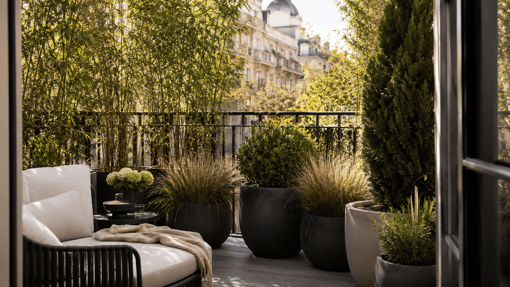 Balcon sans vis-à-vis avec grandes plantes en cache-pots, graminées, bambous non traçants et assise confortable.