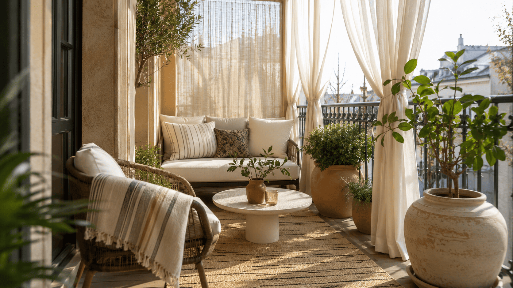 Balcon intime avec rideaux outdoor légers, assise compacte, tapis extérieur et cache-pots en céramique.
