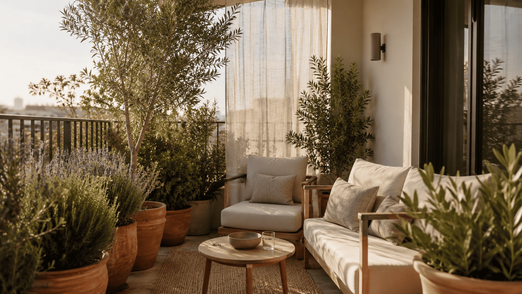 Balcon méditerranéen moderne avec pots en terre cuite, voile léger, olivier, lavande et mobilier clair.