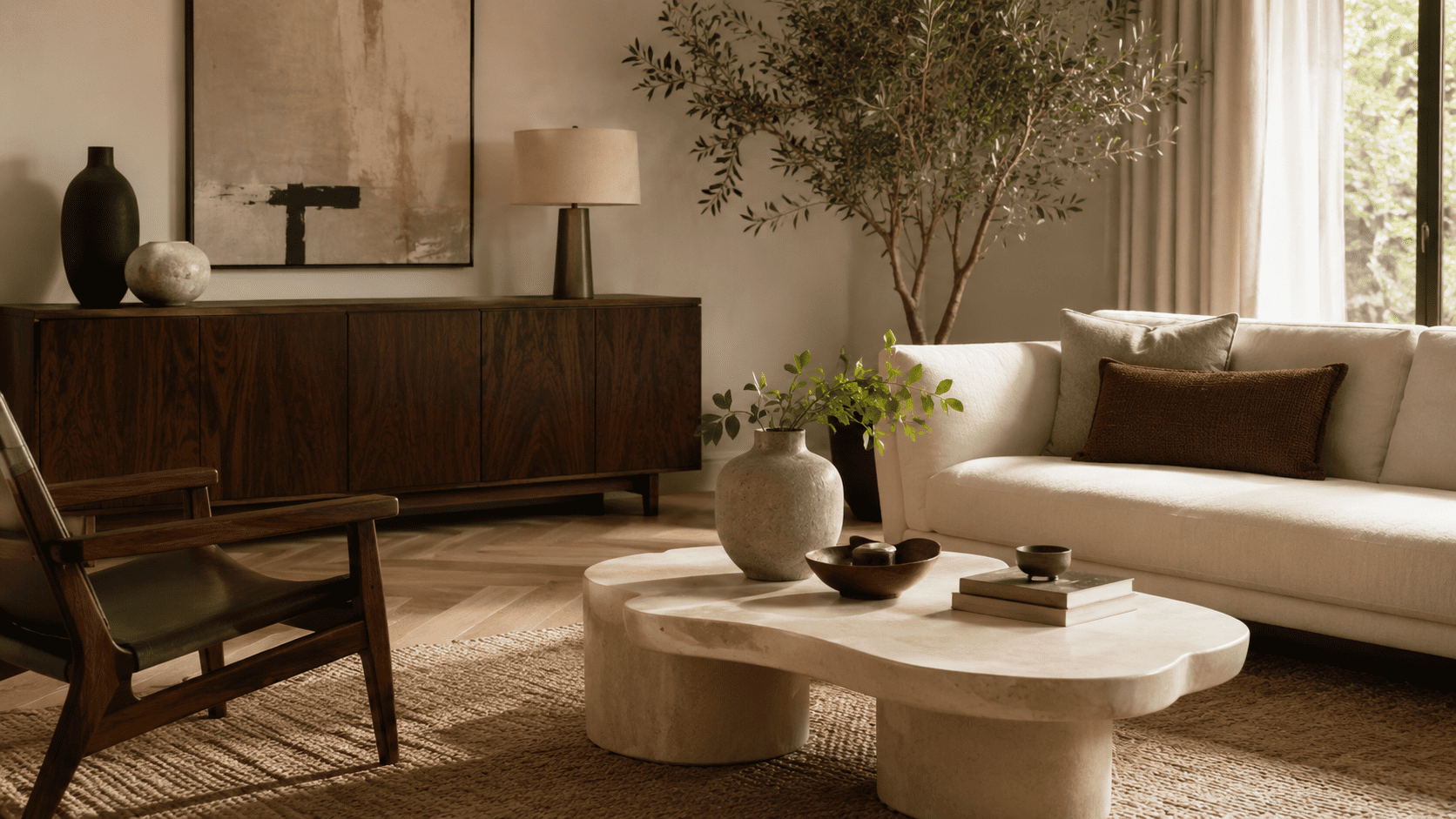 Salon contemporain avec buffet en bois foncé, table basse sculpturale et céramiques claires.