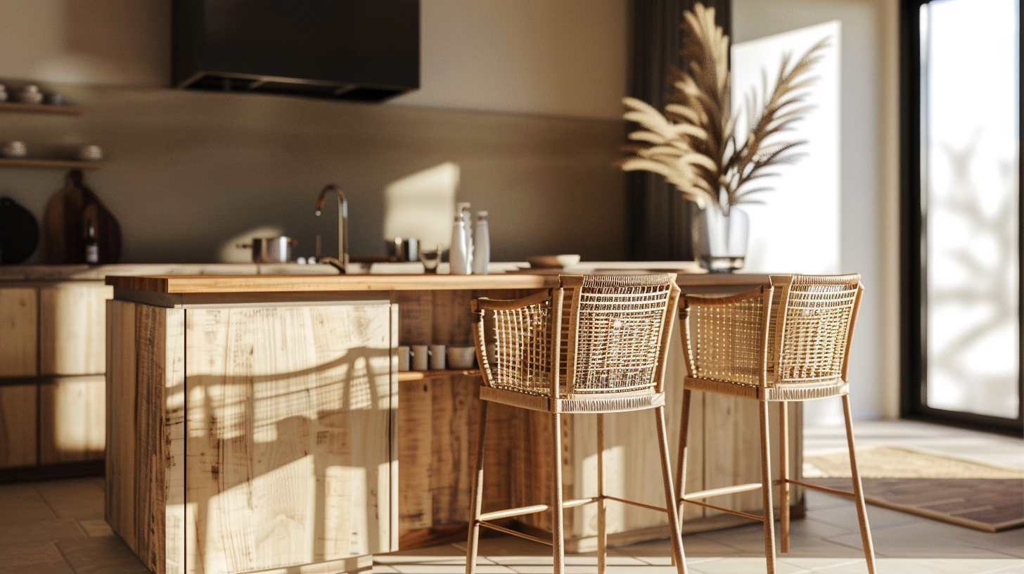 Tabourets de bar en bois massif et rotin avec structure métal dans une cuisine lumineuse, tendance matières naturelles 2026 – Histoires Singulières