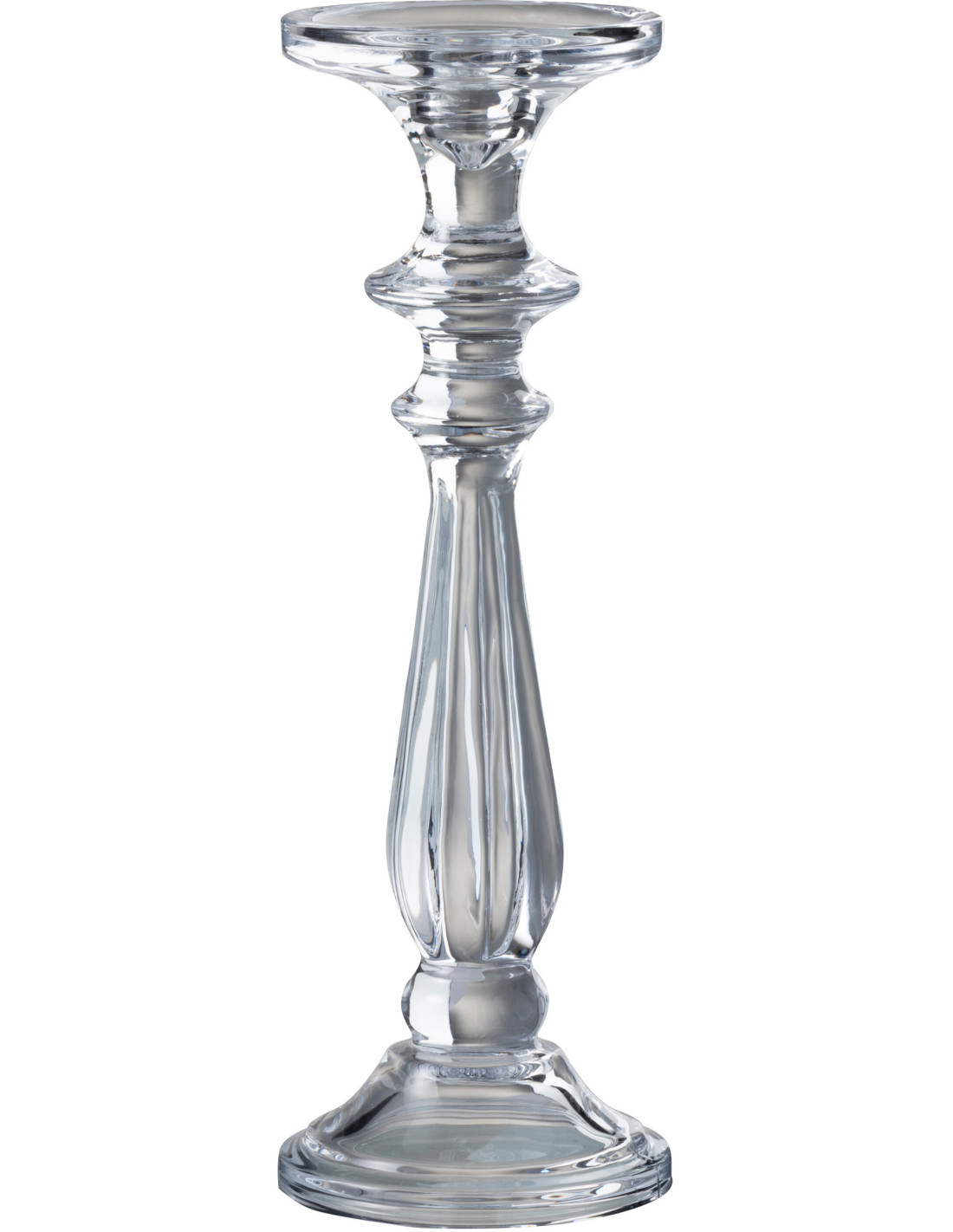 Bougeoir design Tibo XL en verre transparent, hauteur 30 cm, sur un buffet avec un vase